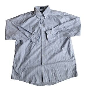 Stafford Mens Dress Shirt 17.5 36 Blue Striped Travel Wrinkle Free Oxford